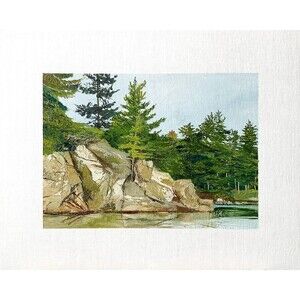 8x10 Maine Original Oil Painting Atlantic Ocean Rock Pinetree New England Signed